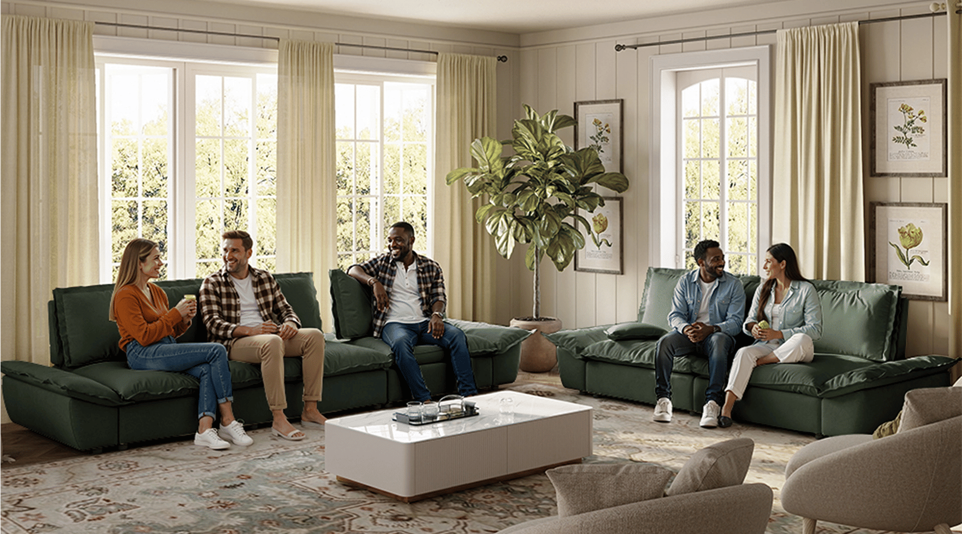 family talking while sitting on an oversized sofa