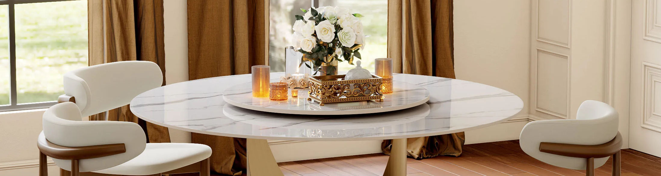 Povison White Sintered-Stone Round Dining Table in a Modern Dining Room