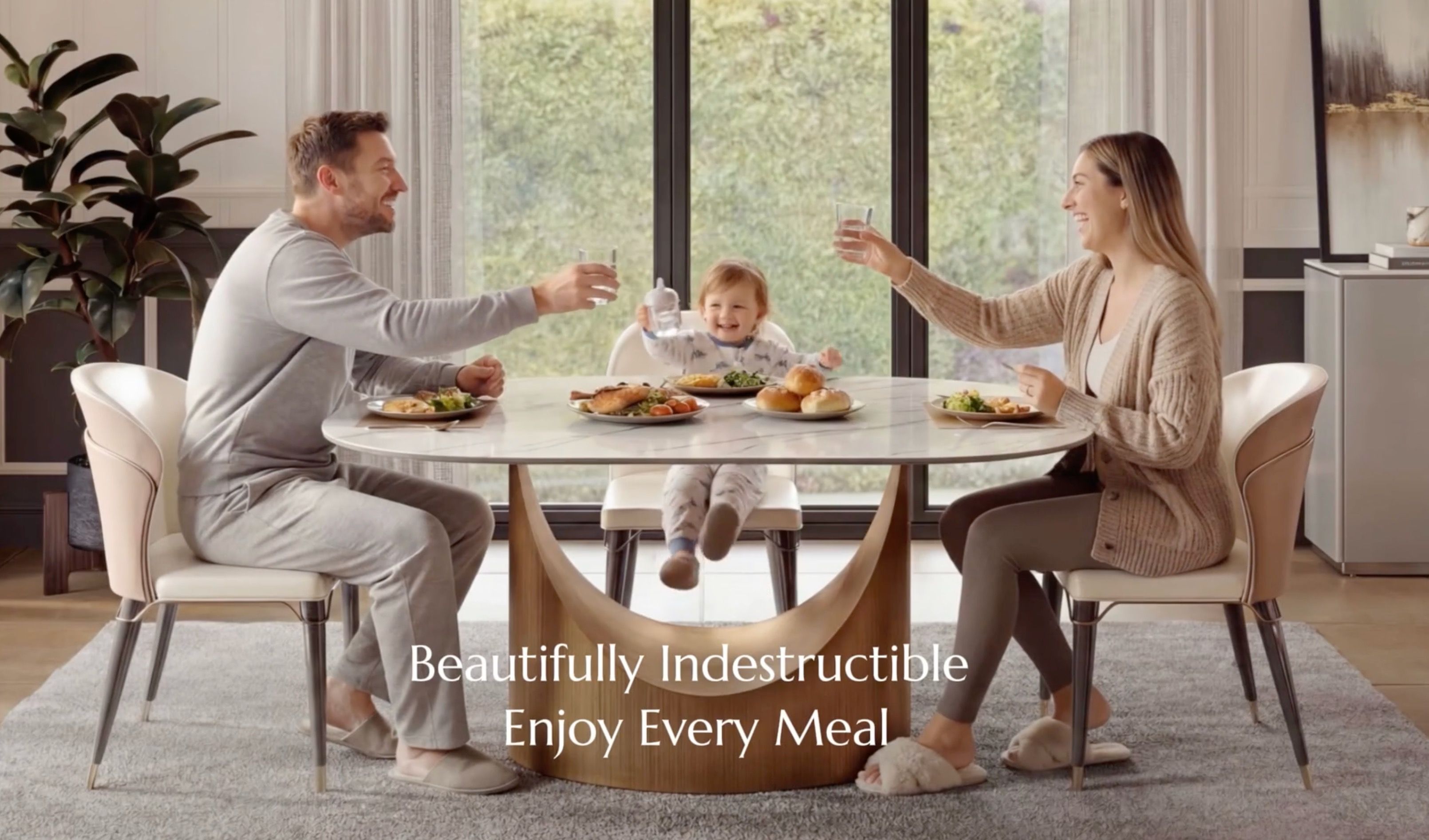 A Family Sitting Around Povison's Round Sintered-Stone Dining Table