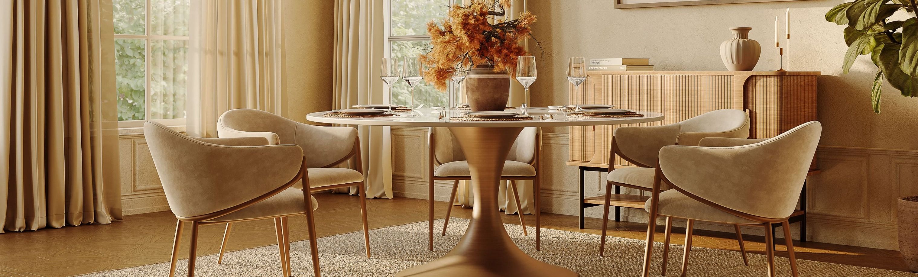 A Povison's Round Pedestal Dining Table in a Modern Dining Room
