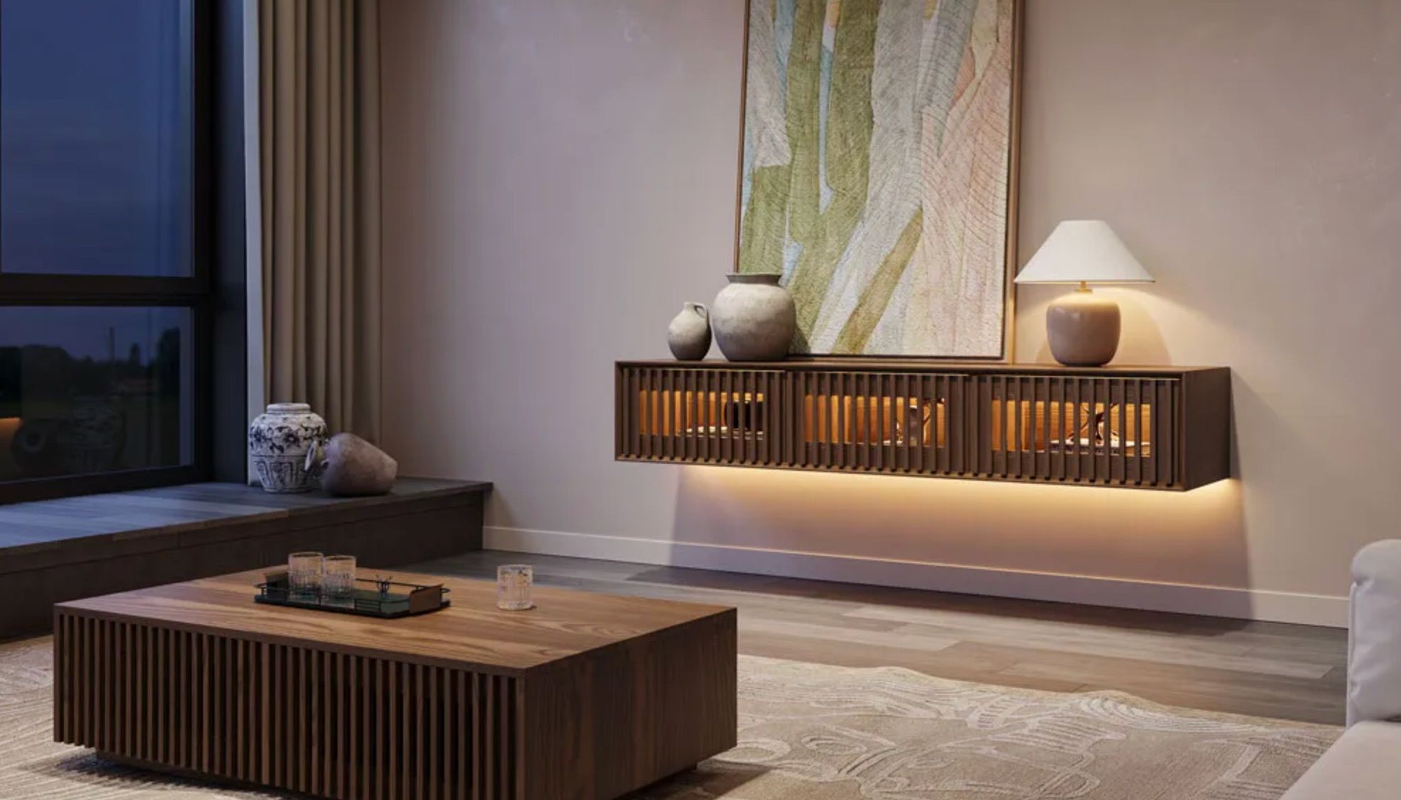 Aeolus Mid-Century Floating TV Console with Adjustable LED Lights