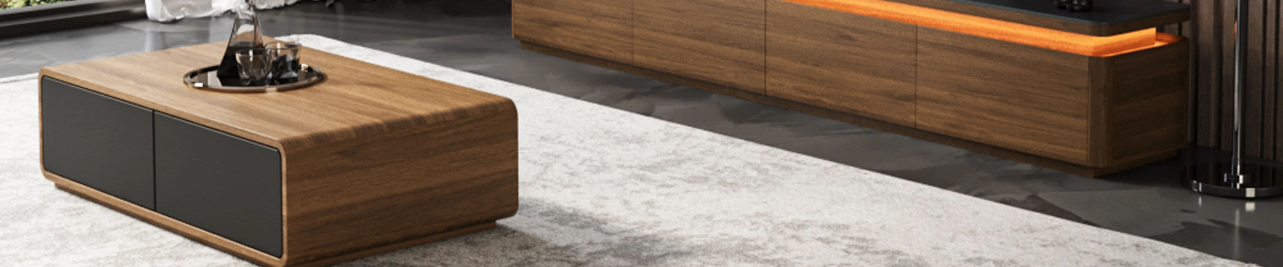 wood rectangular coffee table in a modern living room