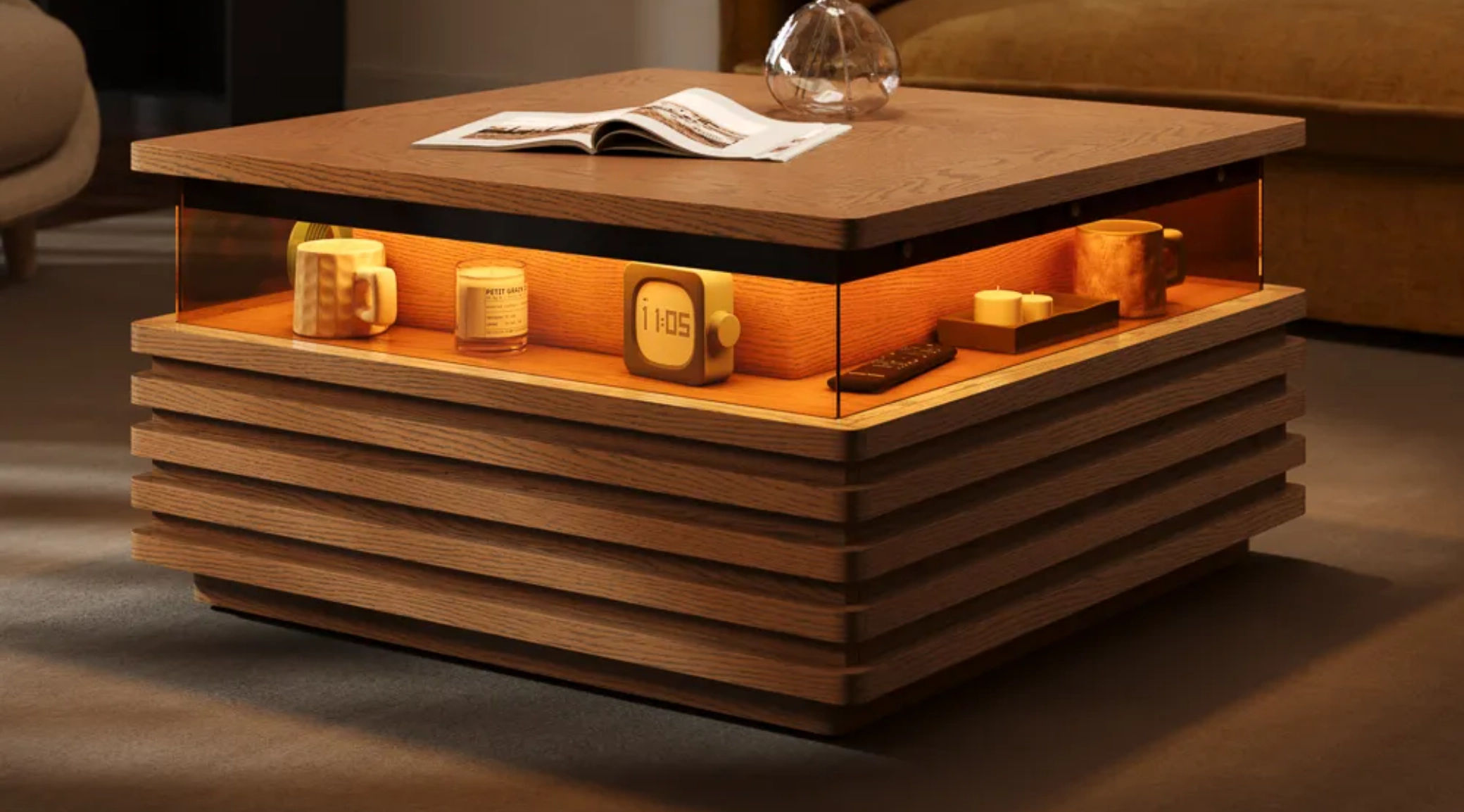 walnut wooden coffee table with slatted design