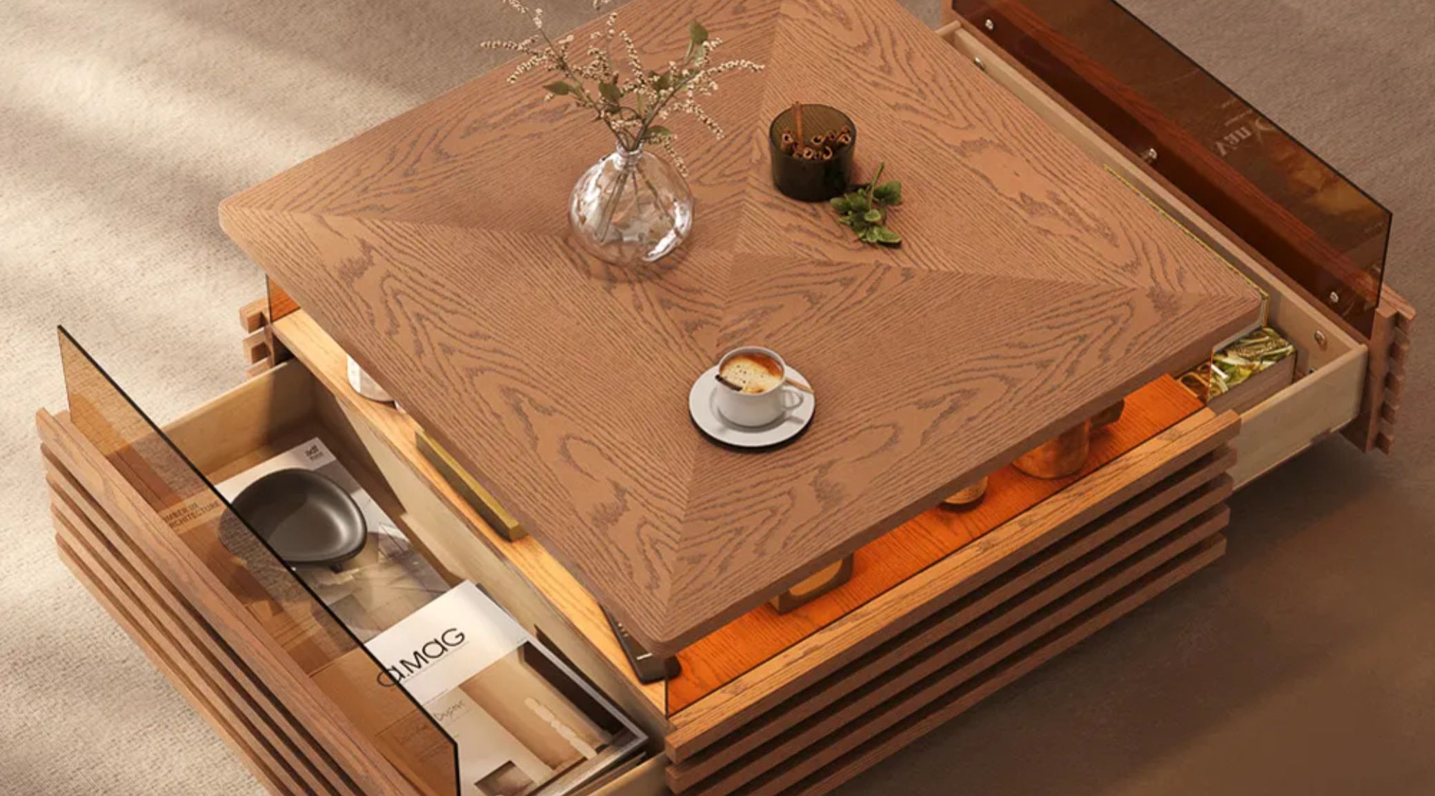 hidden storage for a clean coffee tabletop
