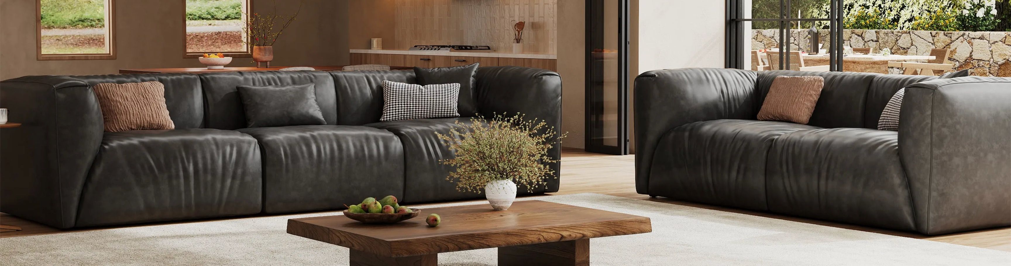A Black Leather Sofa Set in a Modern Living Rooms