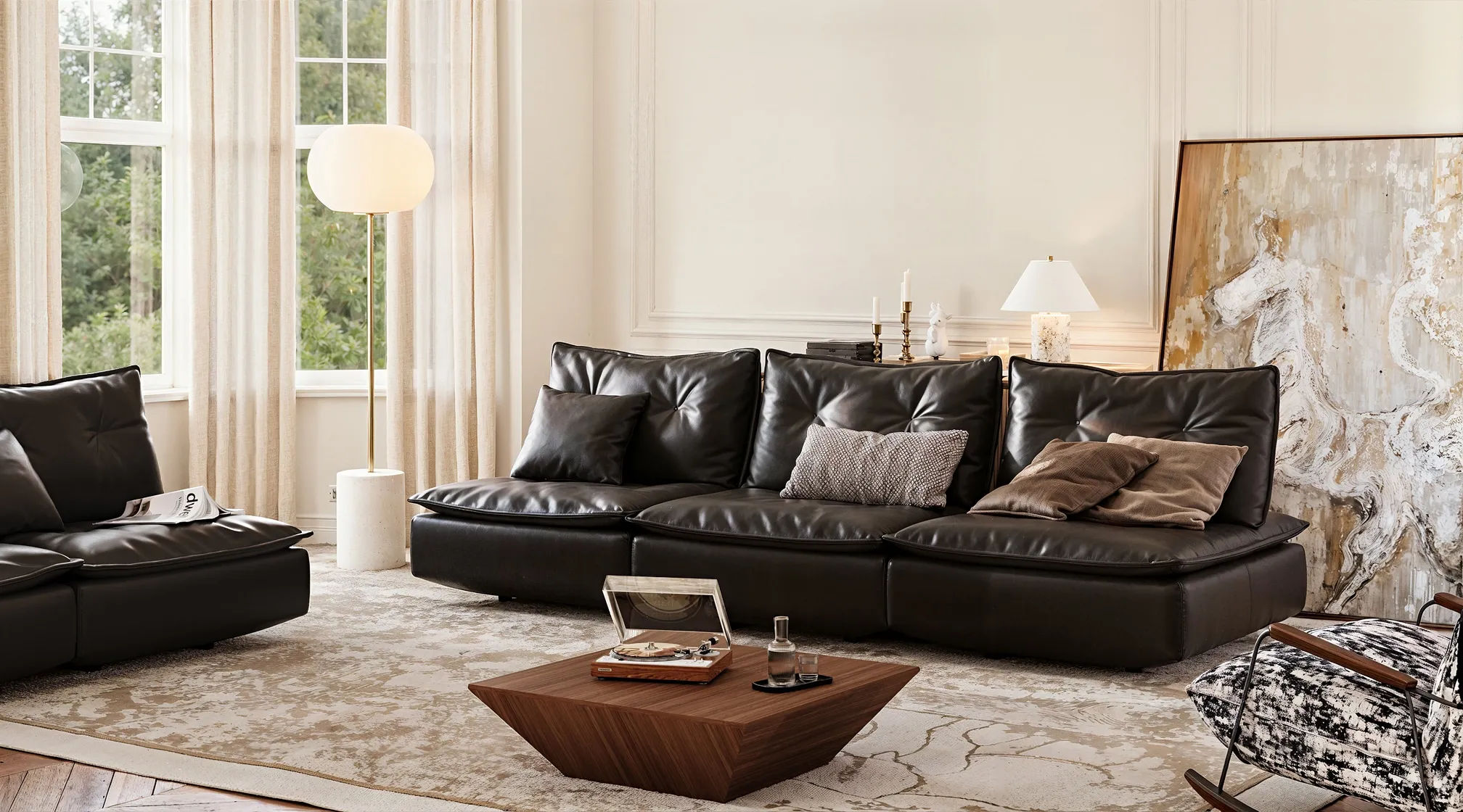Black Leather Tufted Loveseat Sofa with Adjustable Backrest
