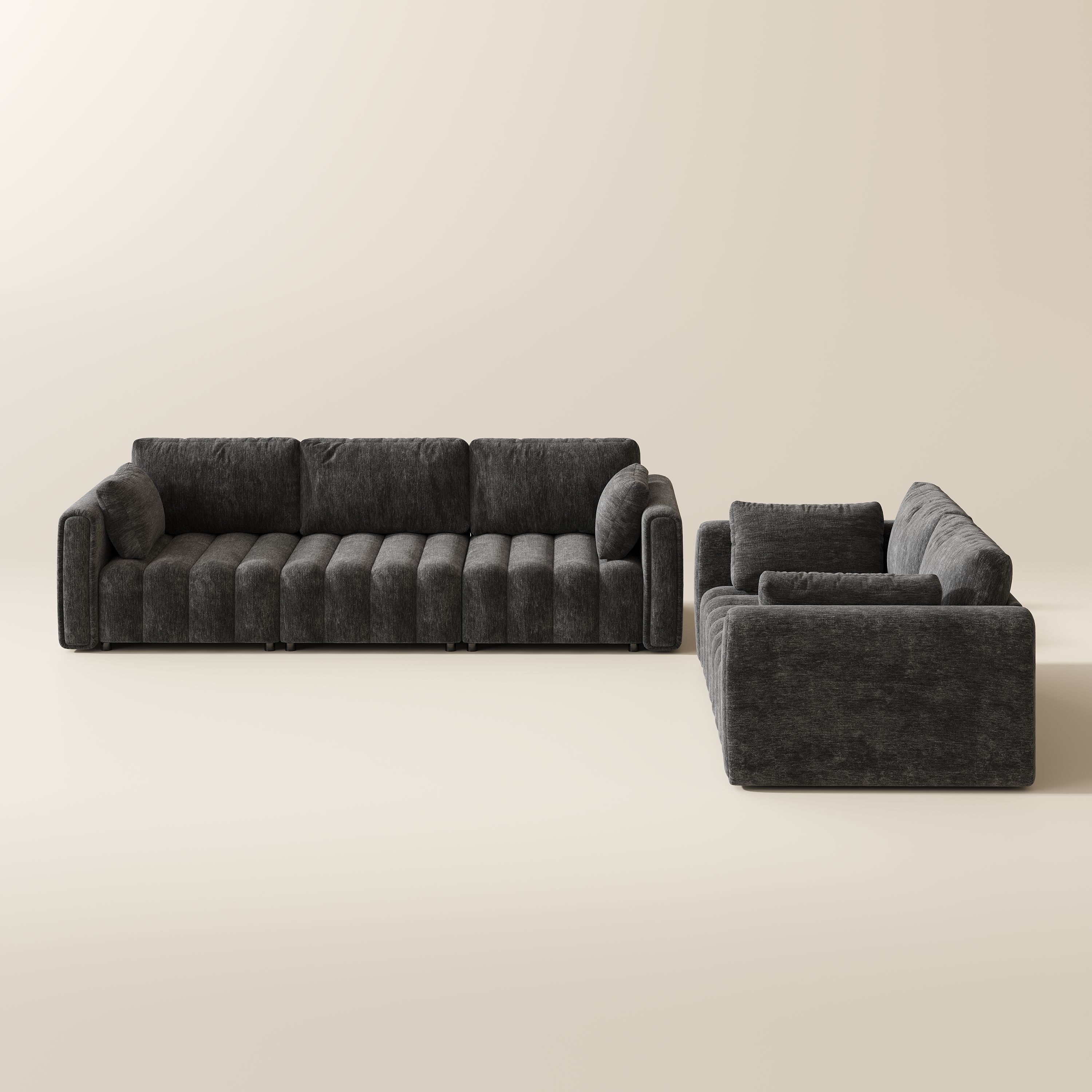 5-6 Seater Black Chenille Sofa Set