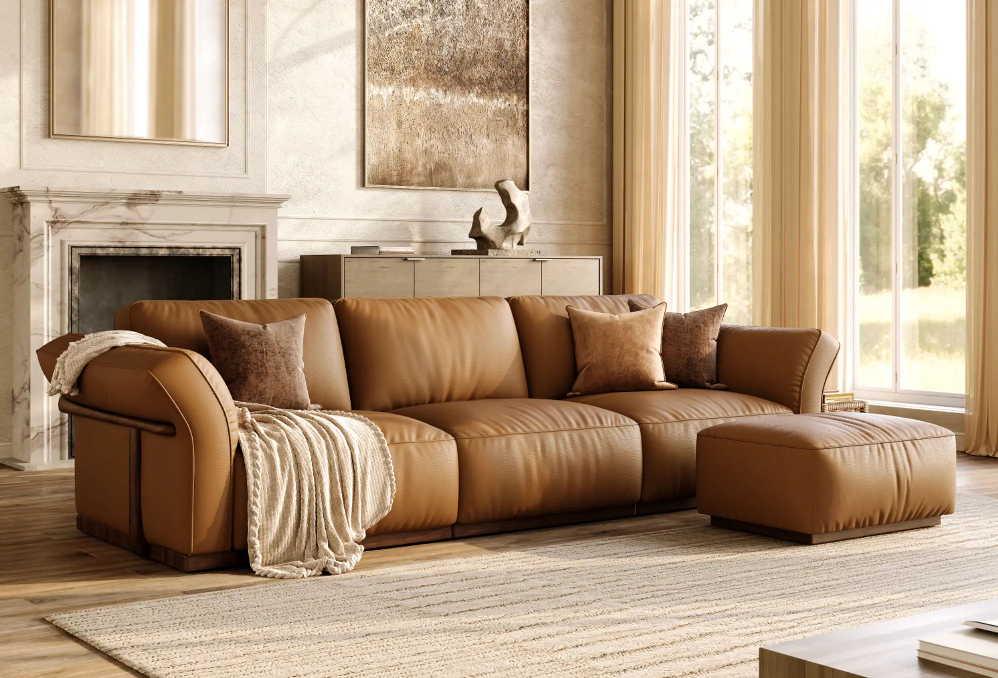 Povison Brown Leather Sofa with an Ottoman