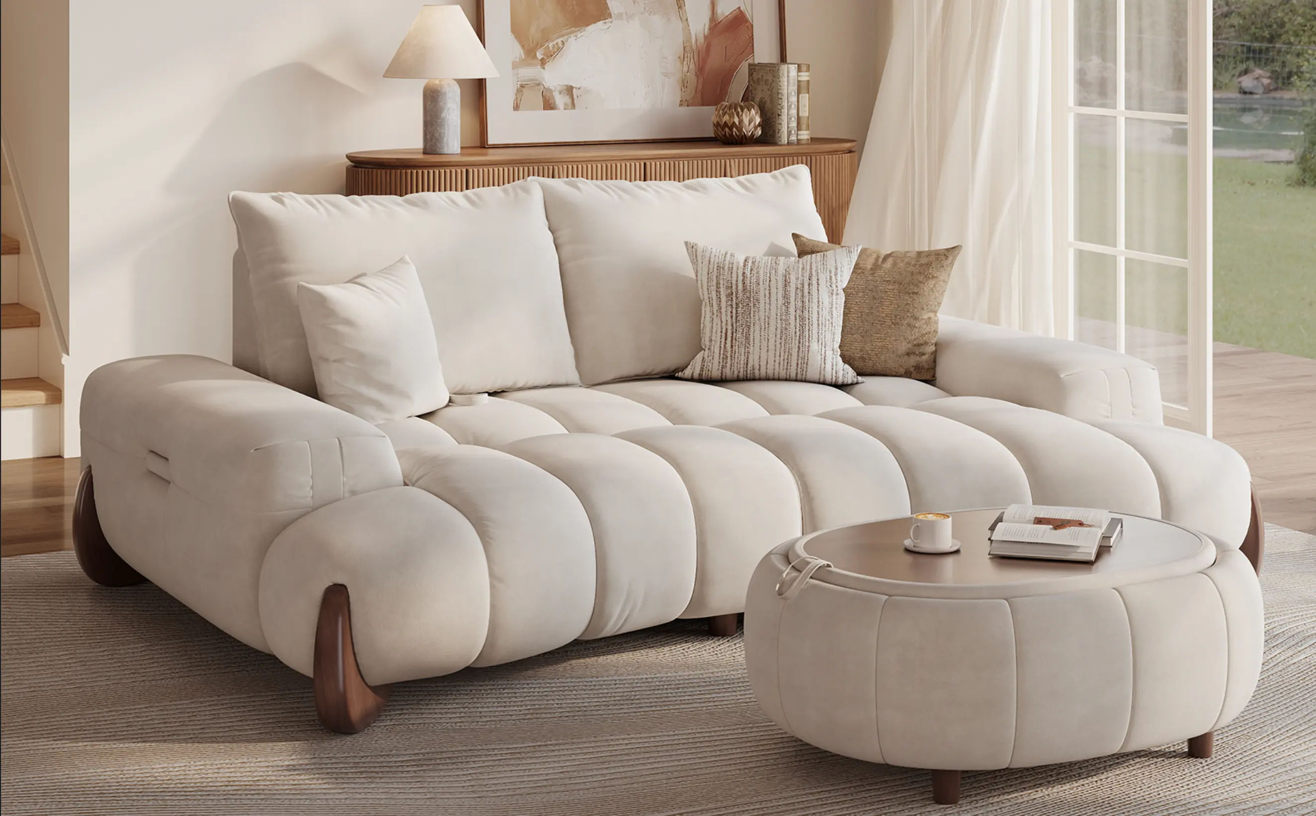White Chenille Sofa with an Ottoman That Comes with Hidden Storage