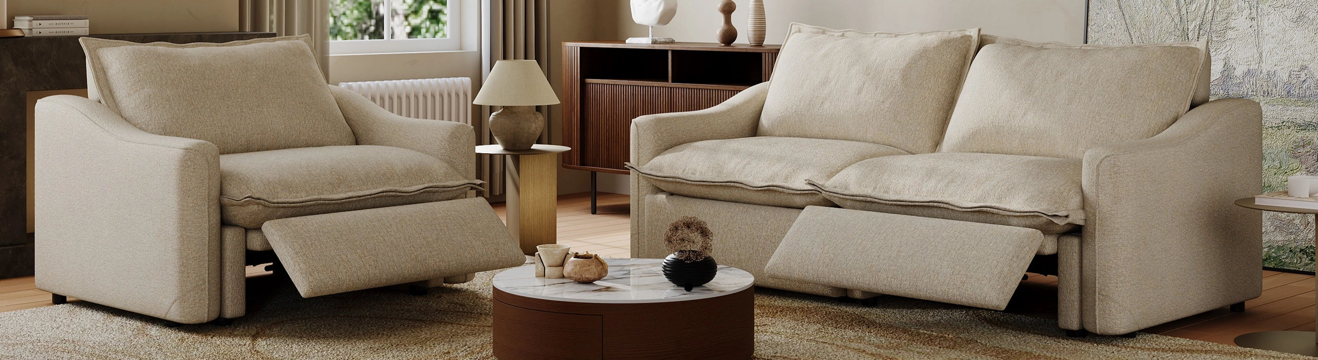 A washable sofa set in beige fabric featuring a modern reclining loveseat and matching armchair with extended footrests, offering stylish comfort and easy-cleaning maintenance for contemporary living rooms.