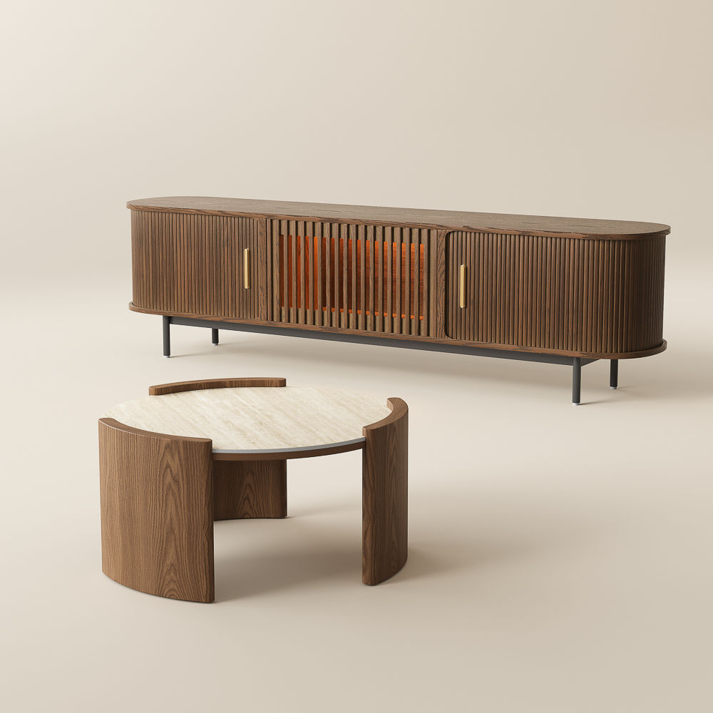 Mid Century Modern Walnut Color Plywood Living Room Set