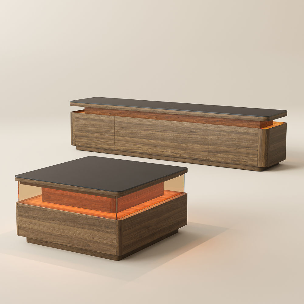with Storage Walnut & Black MDF Living Room Set
