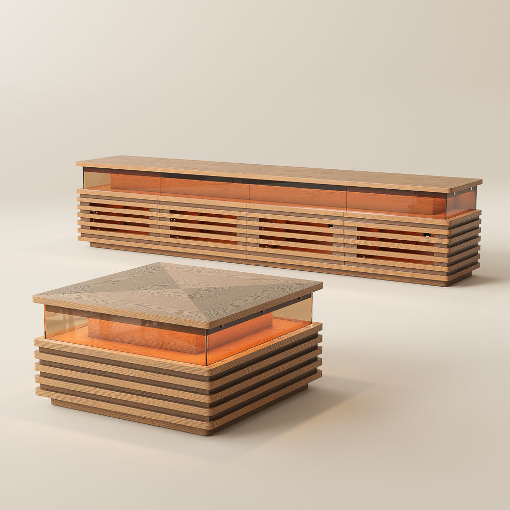 with LED Light Walnut Engineered Wood Living Room Set
