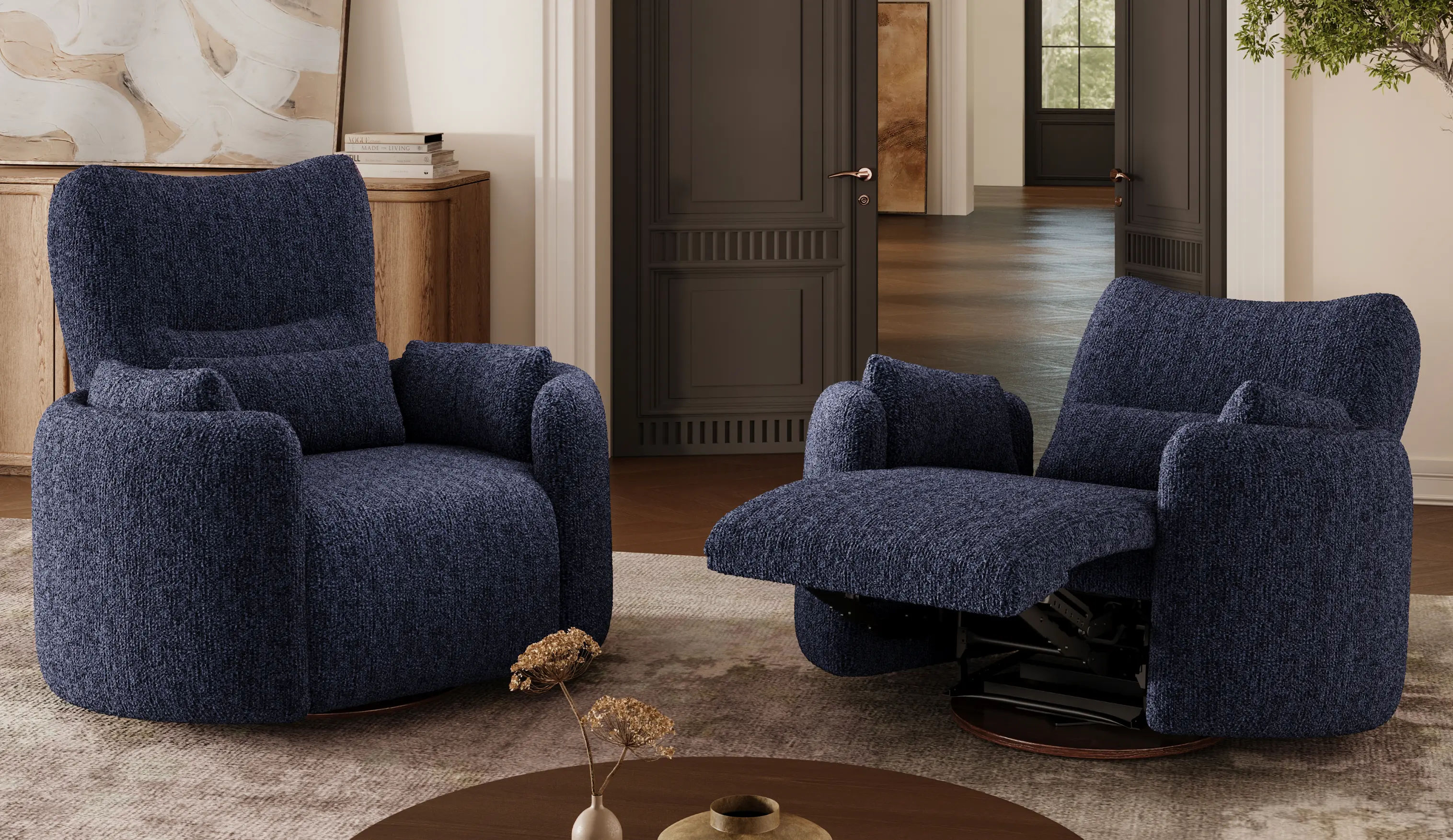 Two Blue Loveseats in a Bedroom