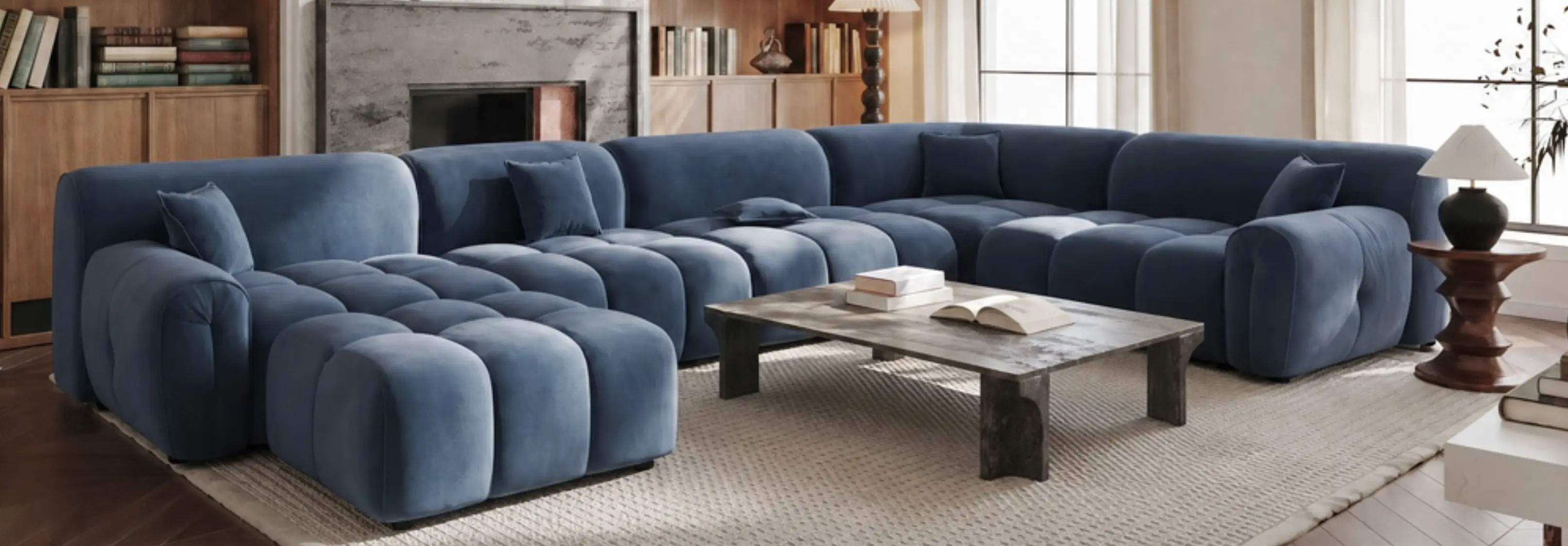 Blue Sectional Sofas in a Living Room