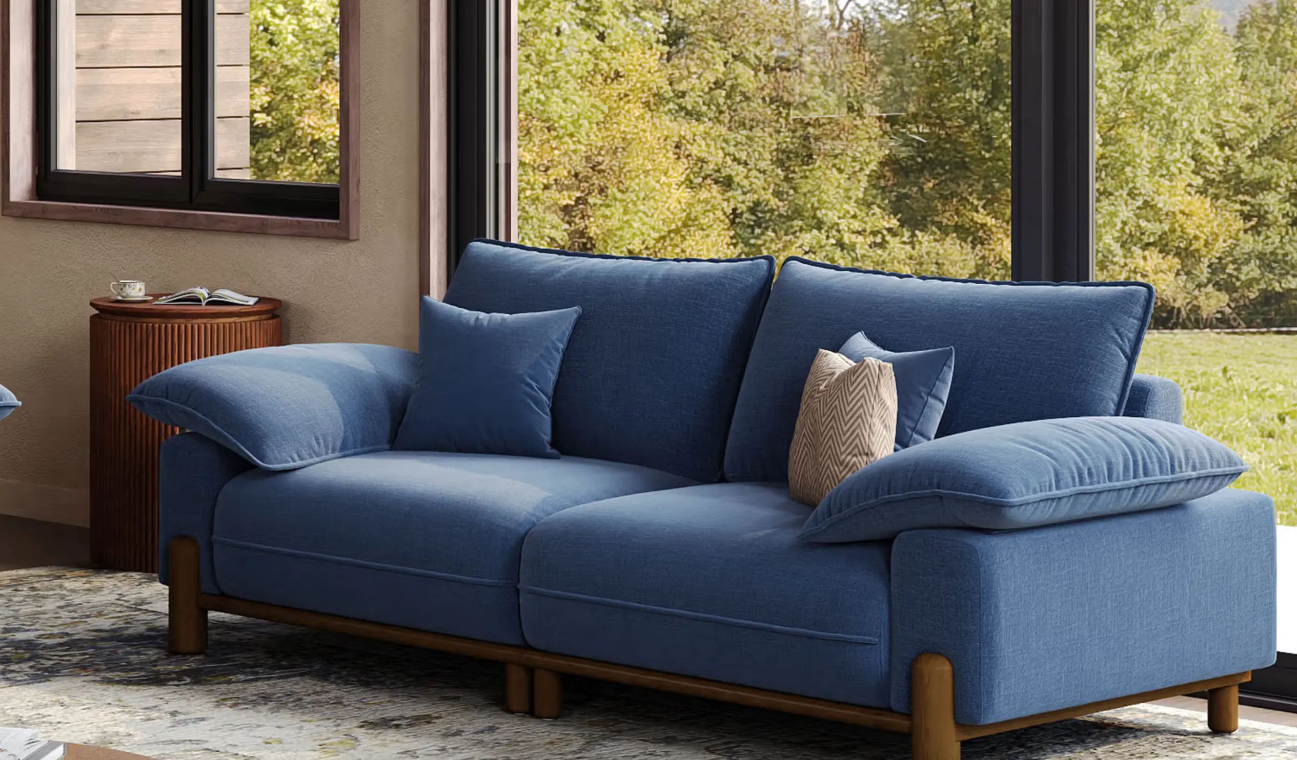 Two-Seater Blue Sofa with Wood Frame