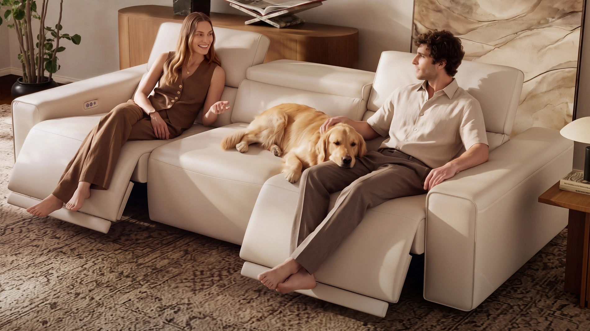 White power reclining sofa with two people relaxing beside a golden retriever in a warm modern living room.
