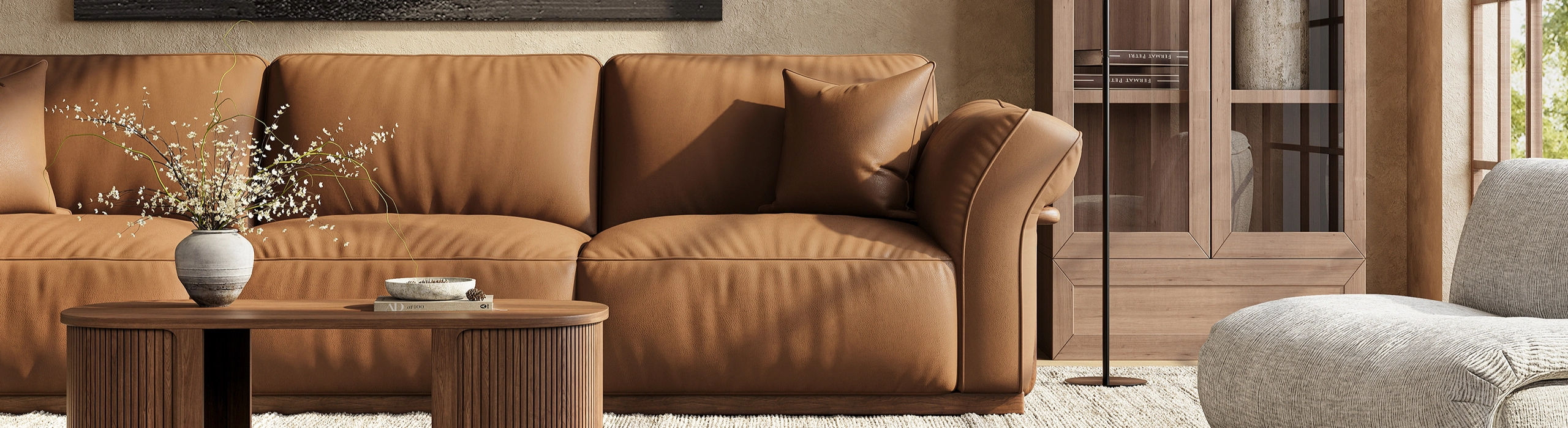 Top Grain Brown Leather Sofas with Modern Design in a Large Living Room