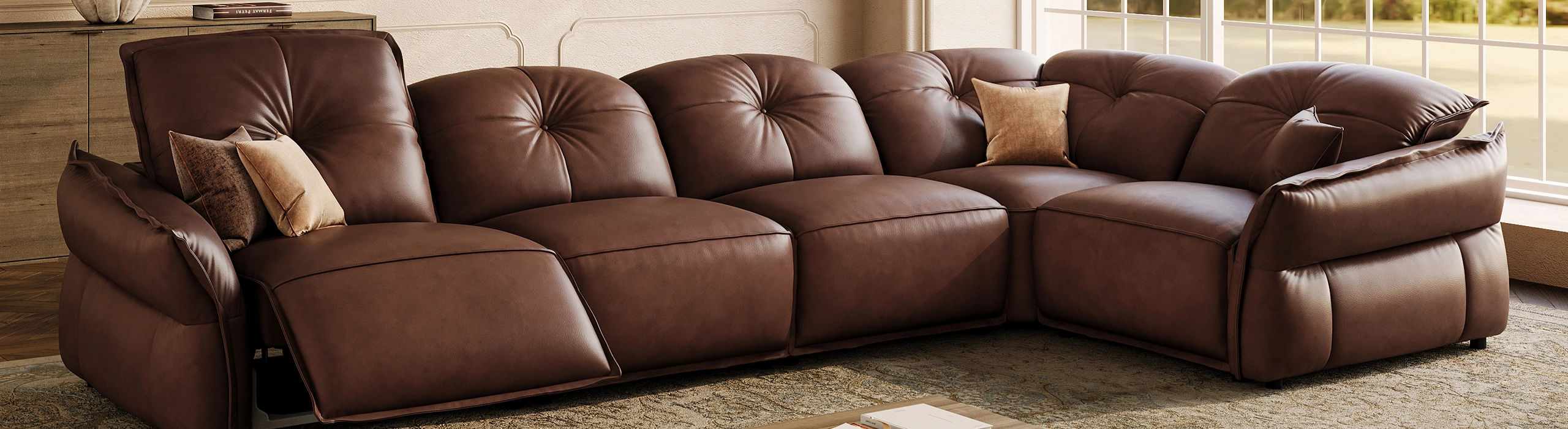 Dark brown leather sectional sofa with plush tufted back cushions and an extended recliner footrest in a warm modern living room.