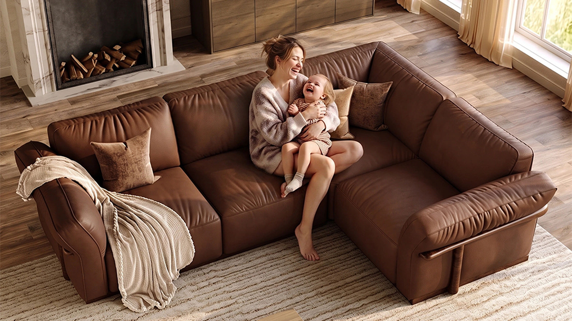 Mother holding a laughing child on a dark brown leather sectional sofa in a warm modern living room.