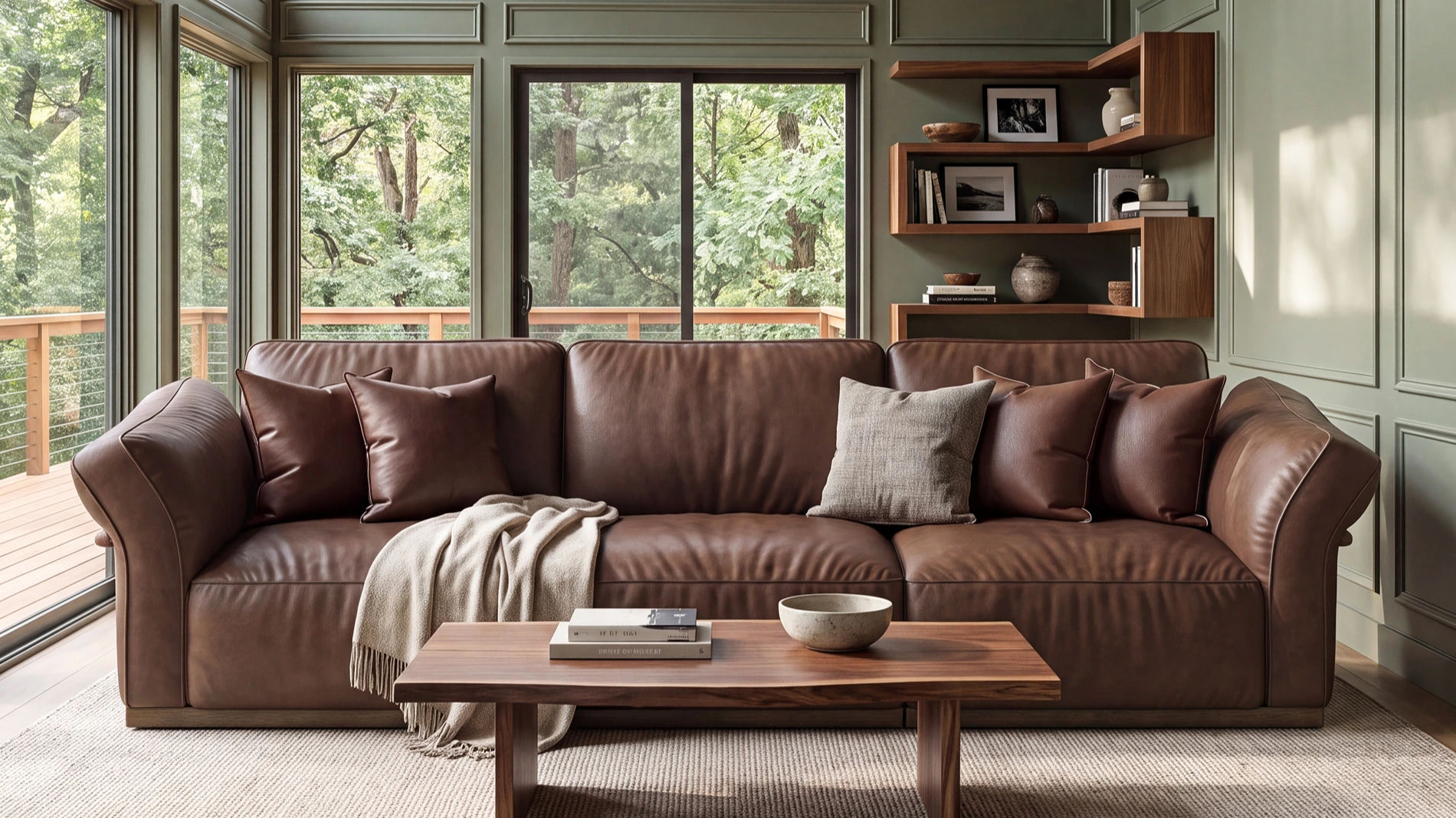 Dark brown leather sofa with plush cushions, accent pillows, and a draped throw in a modern living room with large windows and wooden shelving.