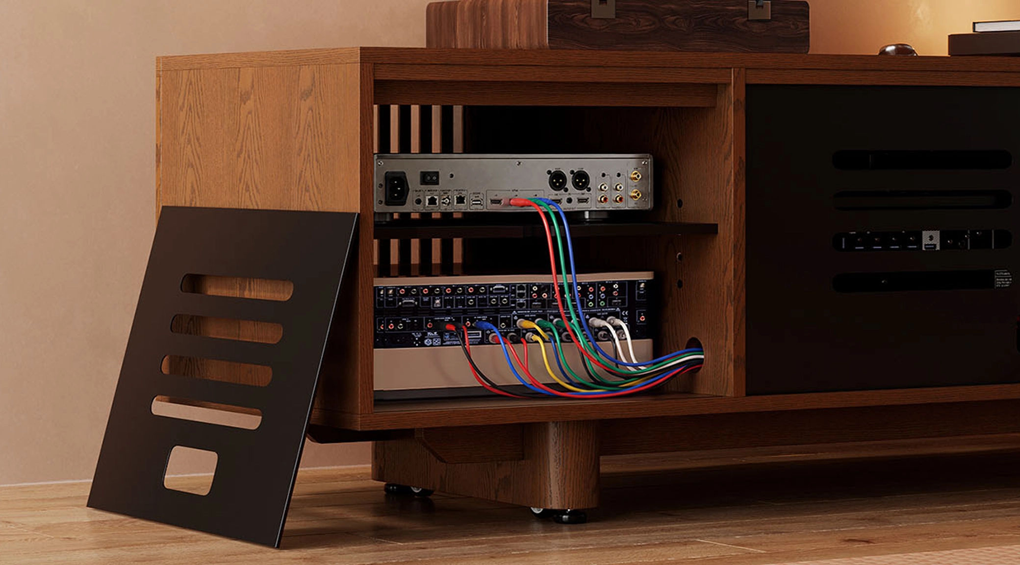 Closed storage with cable management keeps everyday clutter out of sight