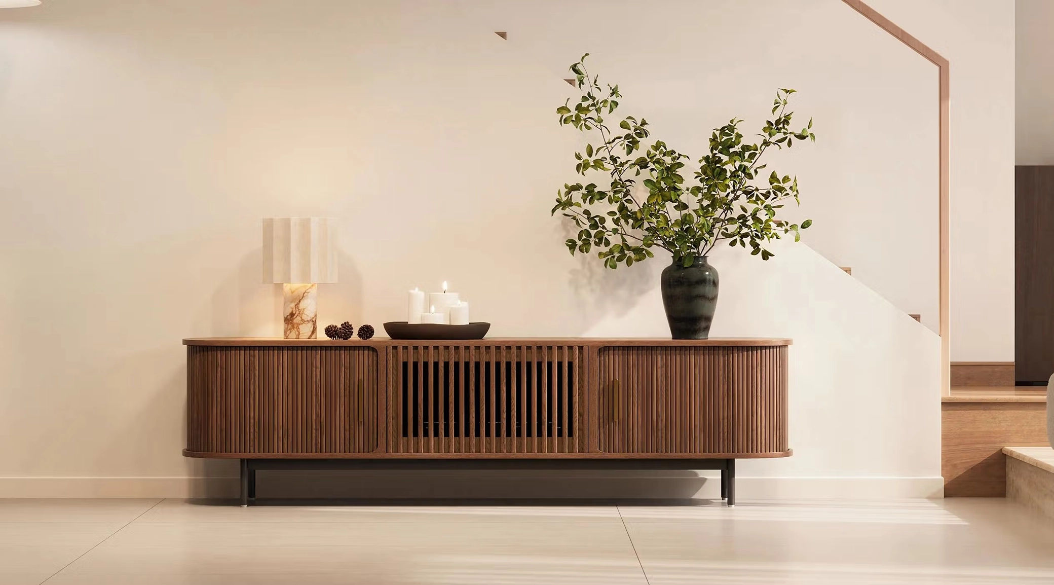 Warm wood tones and clean lines of Povison's TV stand with storage