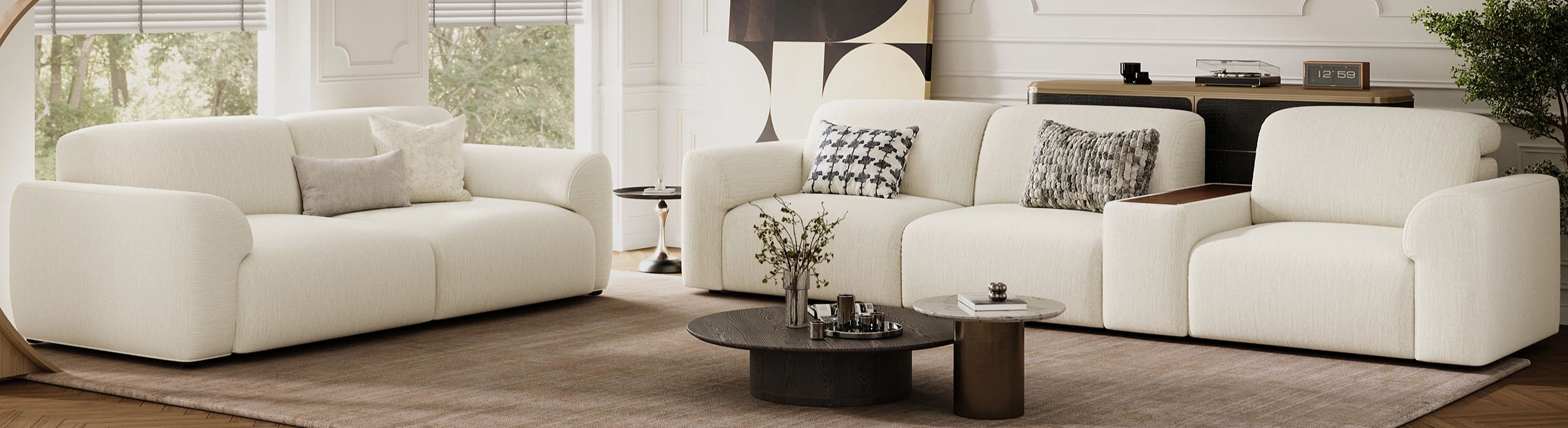Modern cream convertible sofa bed with versatile seating in a bright living room.