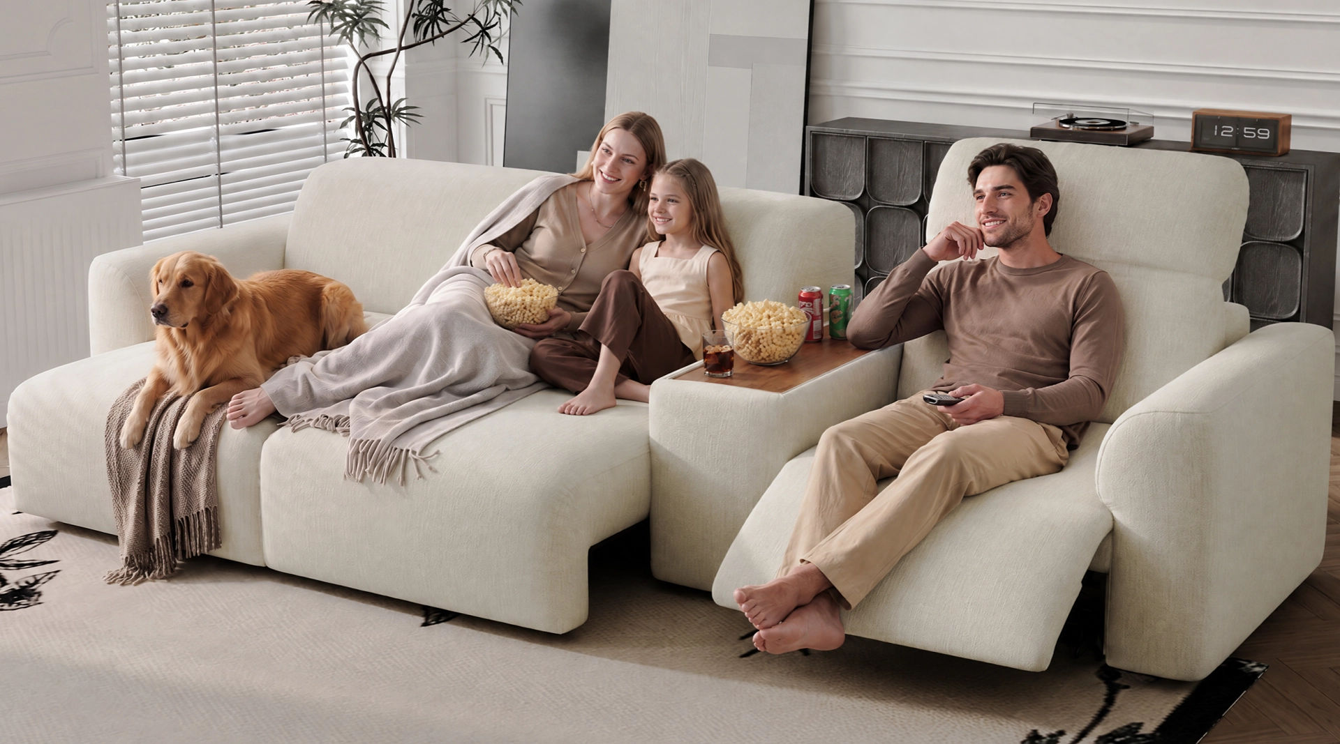 Family relaxing on a white power sofa with adjustable reclining seats in a modern living room.