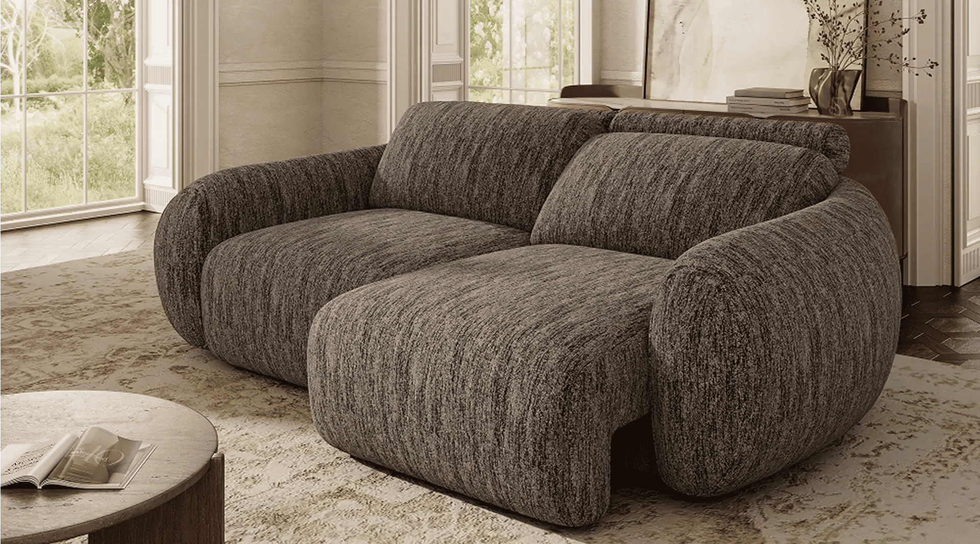 Modern power sofa bed with adjustable seating in a contemporary living room.