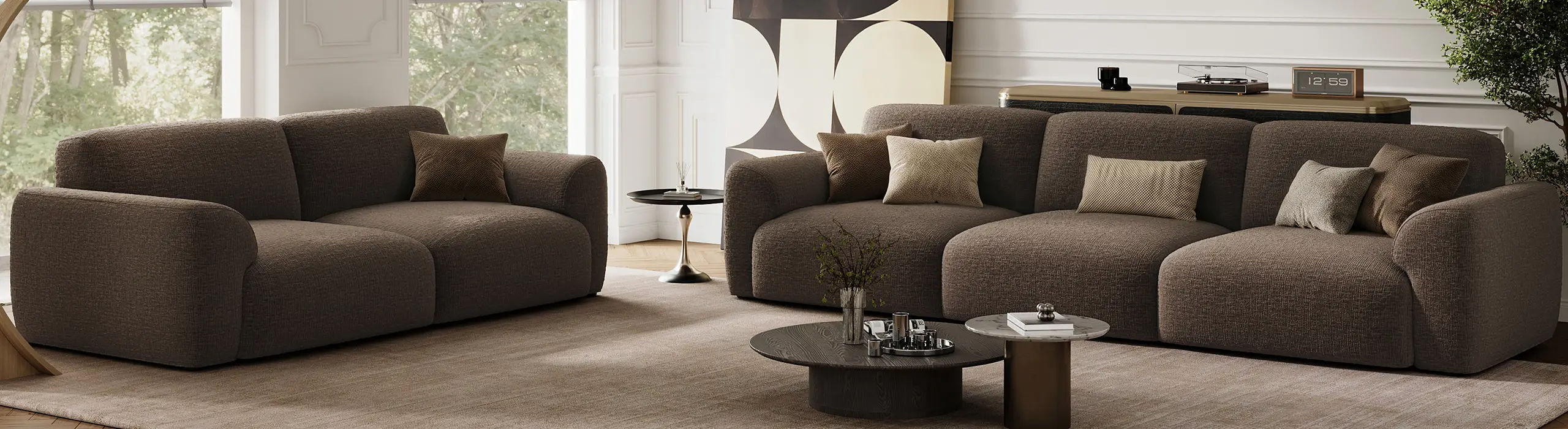 Dark brown extendable couch with adjustable seating in a modern living room.