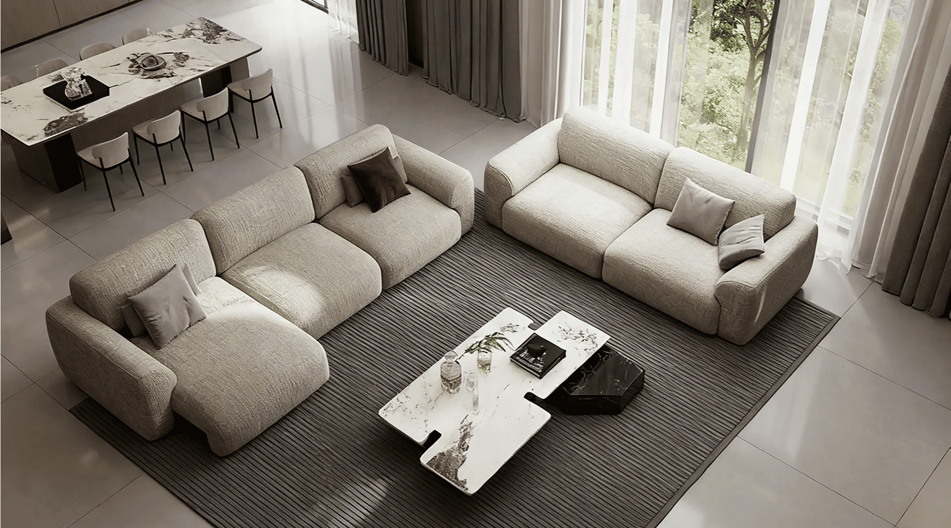 Beige extendable couch arranged in flexible seating configurations in a spacious open-plan living room.