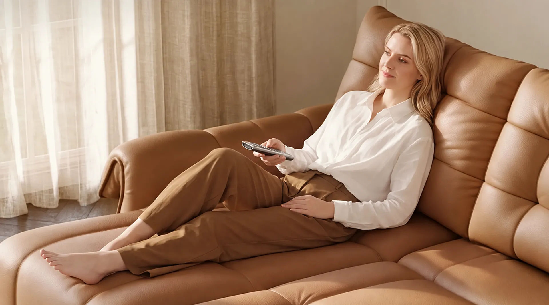 Brown leather king sleeper sofa with adjustable reclining function for comfortable lounging.
