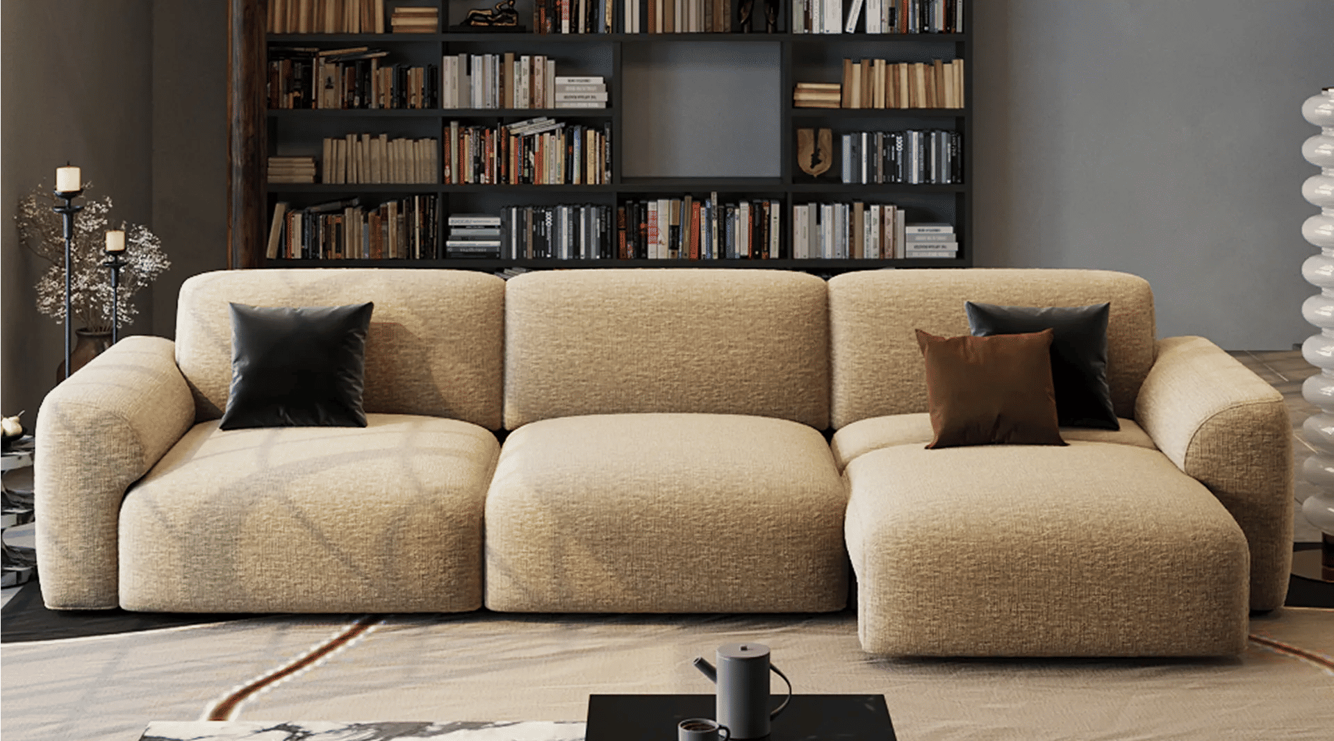 Modern guest room sofa bed with spacious chaise seating in a stylish apartment living room.