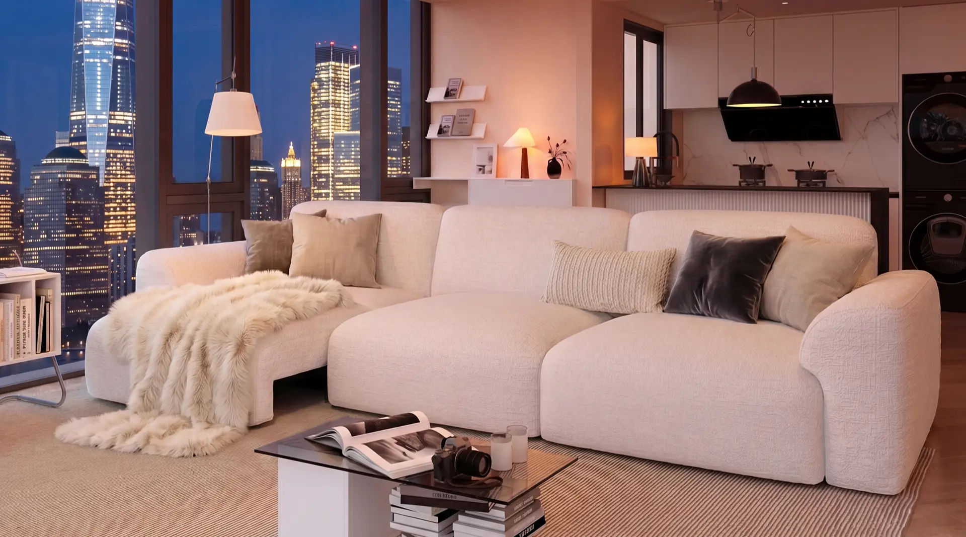 Comfortable guest room sofa bed in a modern living space with cozy seating and city view.