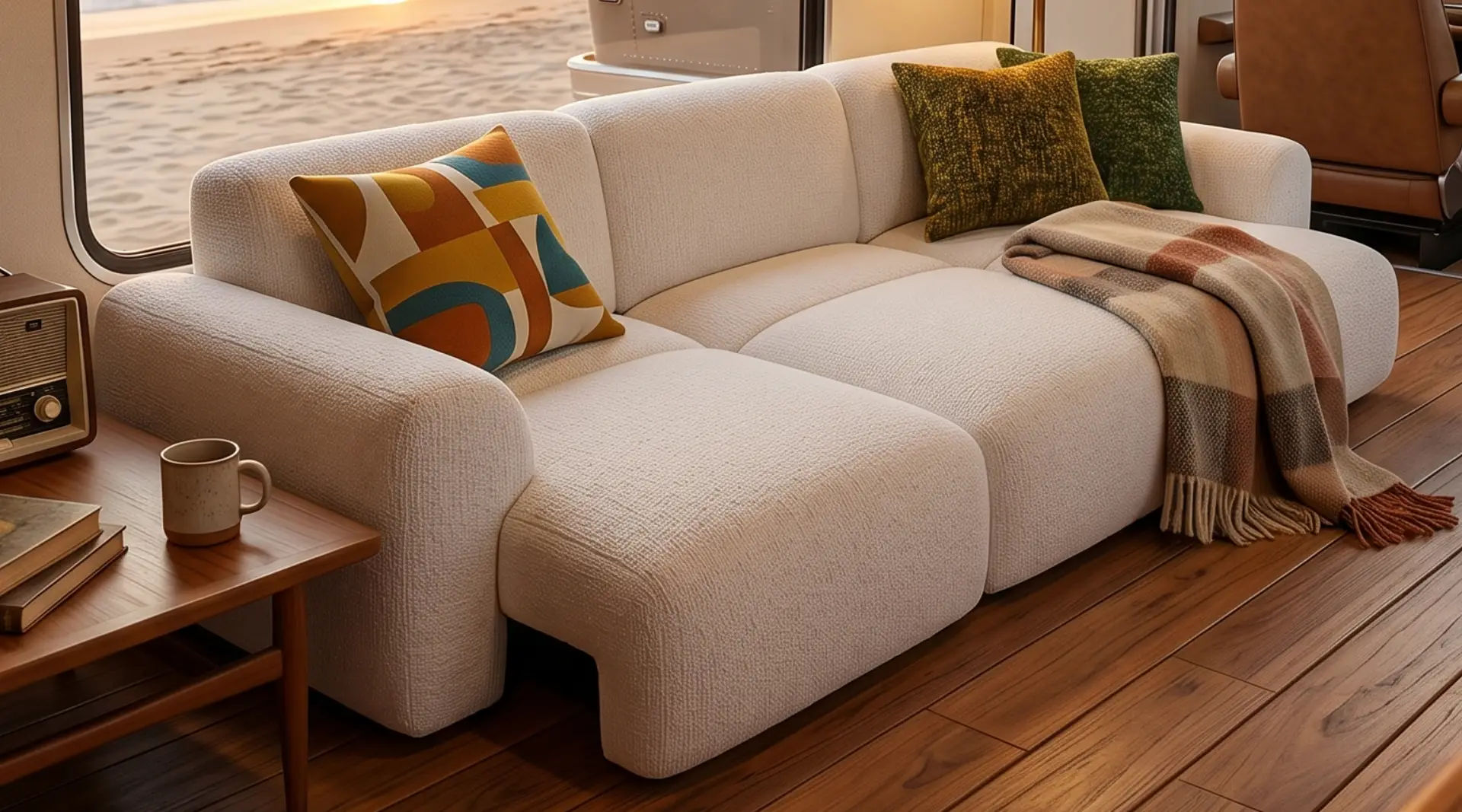 Convertible guest room sofa bed with chaise lounge design in a warm contemporary interior.
