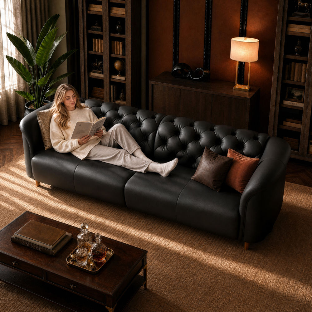 Top Grain Leather Black Top Grain Leather 3 Seater Sofas