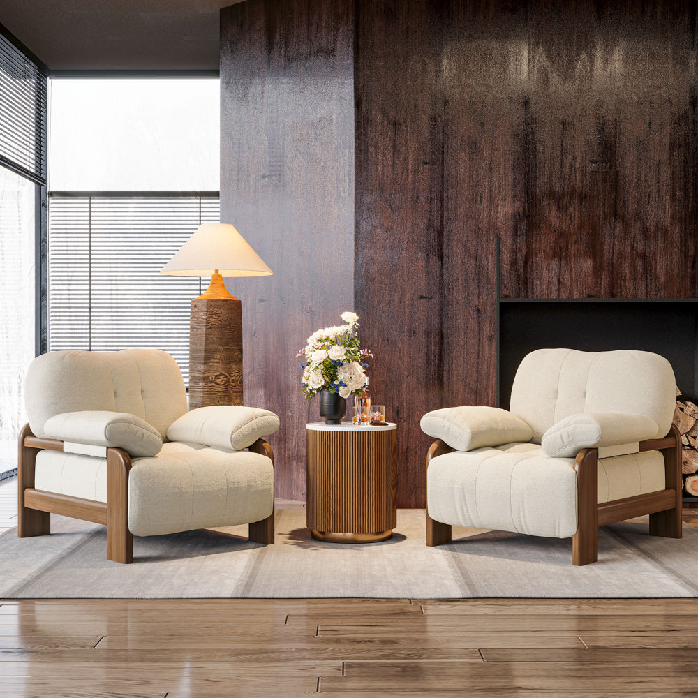 Accent Chair White & Walnut Cotton Linen Accent Chairs