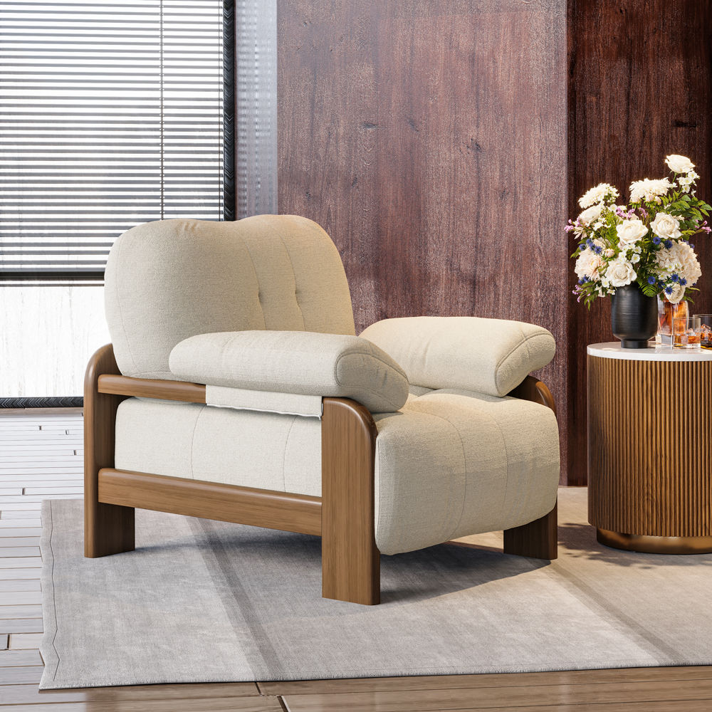 Accent Chair White & Walnut Cotton Linen Accent Chairs