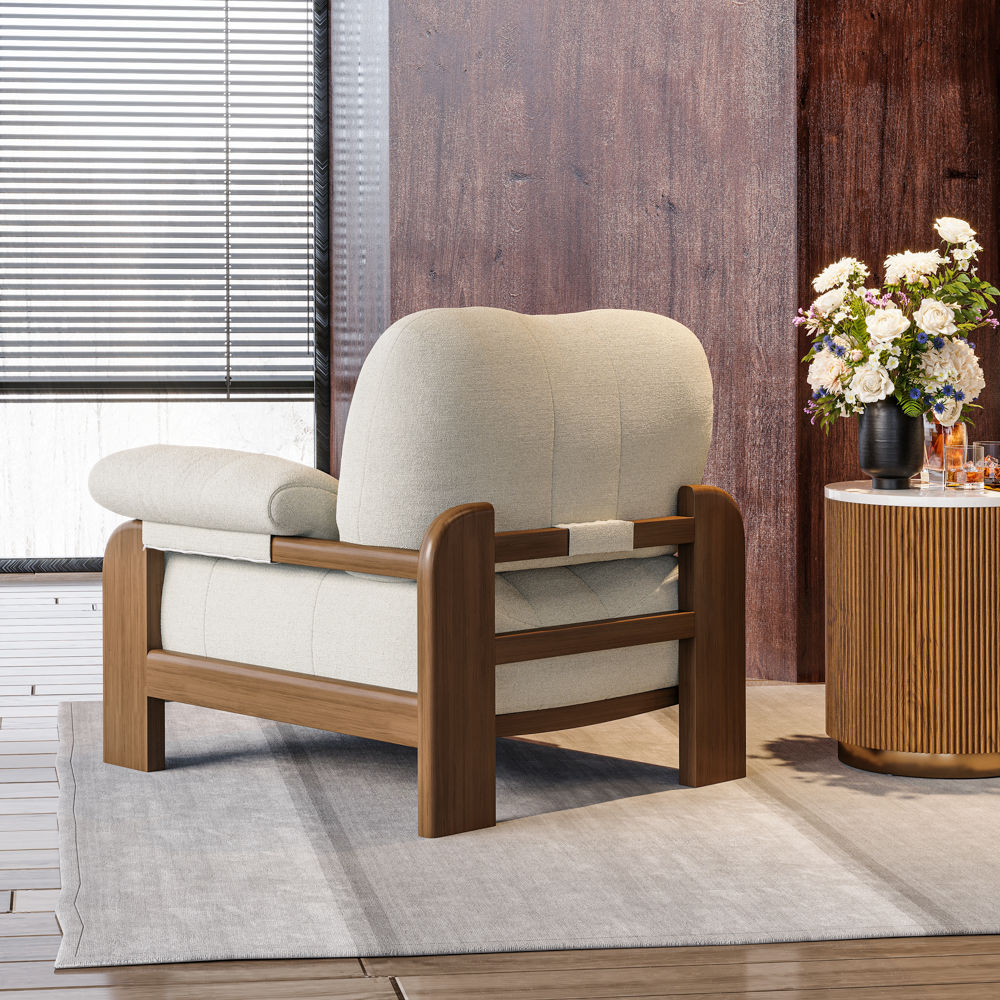 Mid Century Modern White & Walnut Cotton Linen Accent Chairs