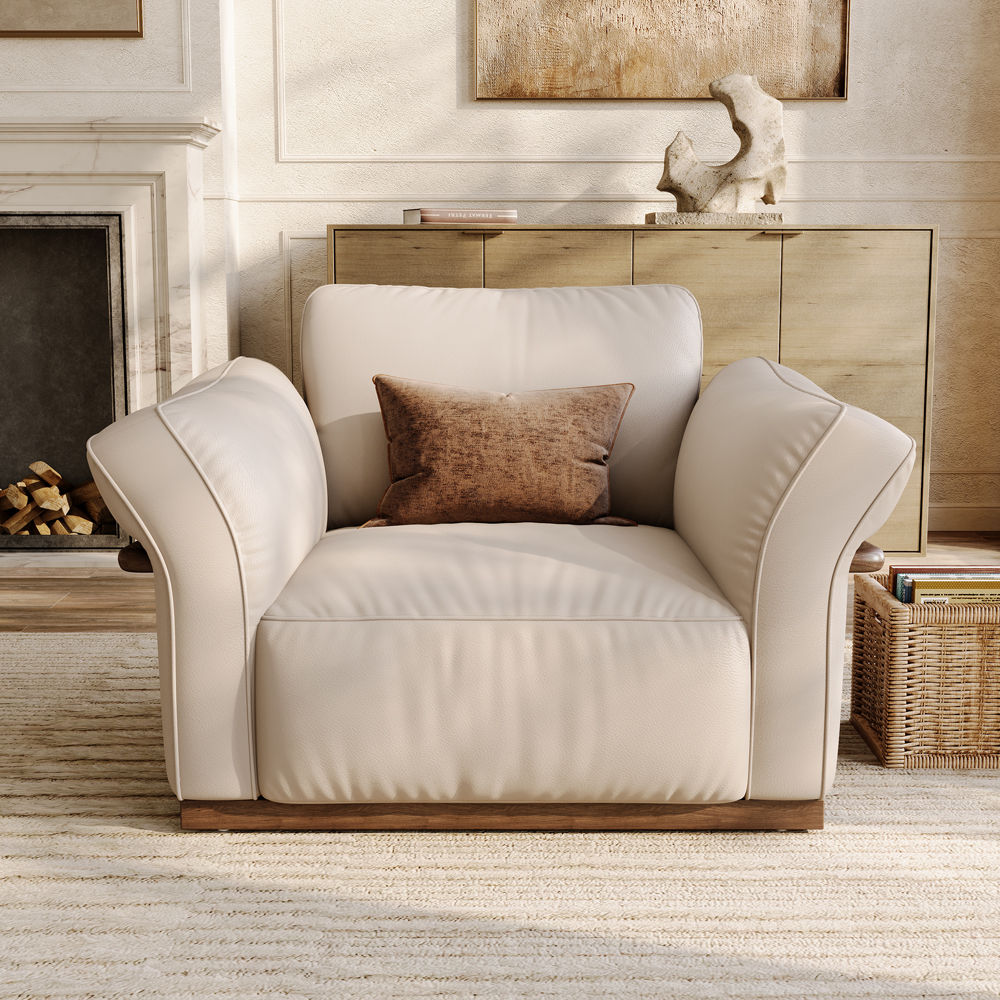 Curved Armrest Beige Top Grain Leather Accent Chairs