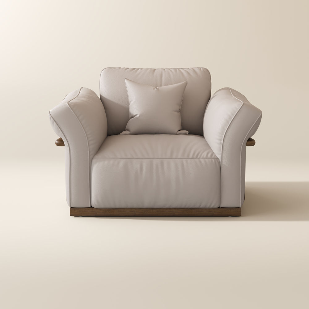 Curved Armrest Beige Top Grain Leather Accent Chairs