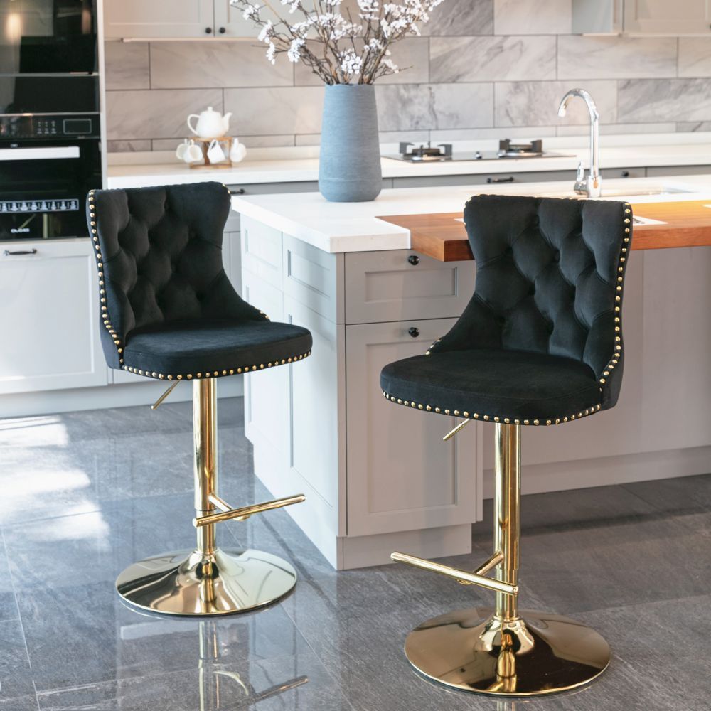 Modern Minimalist Black & Gold Velvet+Foam Bar Stools
