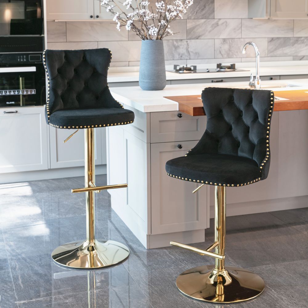 Modern Black & Gold Velvet+Foam Bar Stools