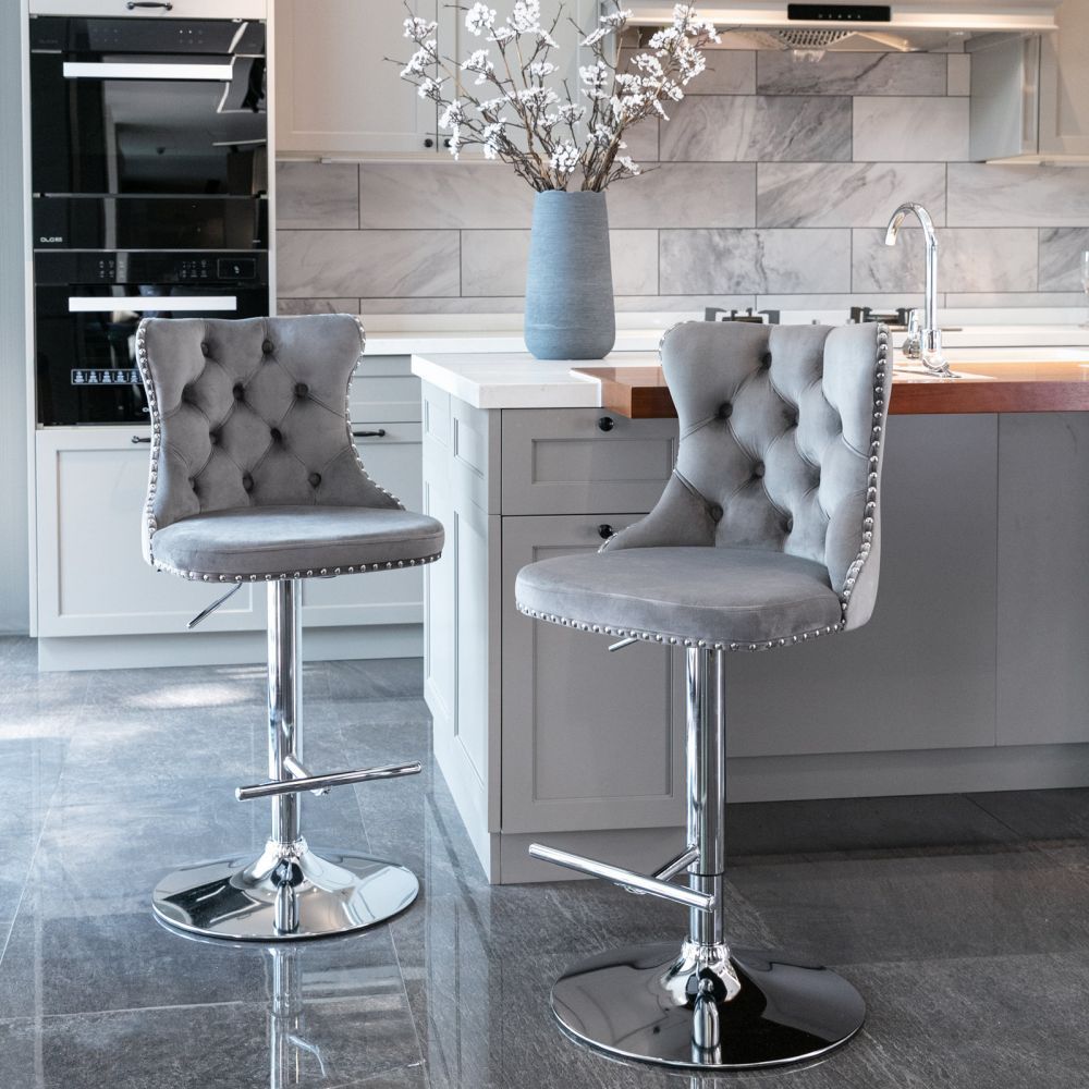 On the Ground Gray Velvet+Foam Bar Stools