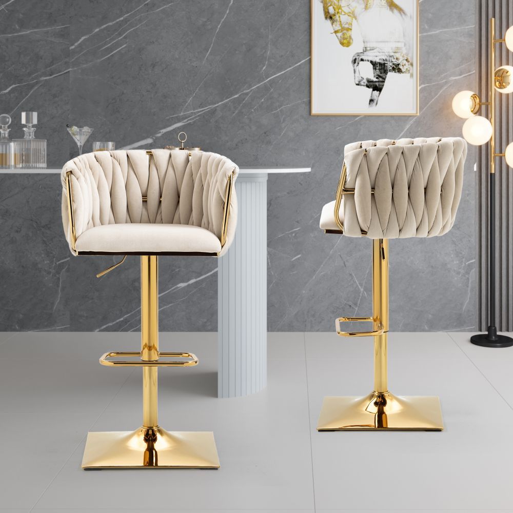 Slatted Design Beige Velvet Bar Stools