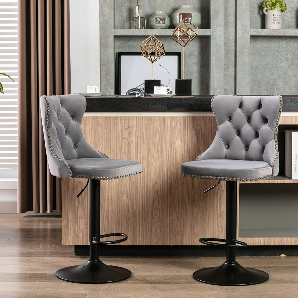 Metal Base Gray&Black Velvet+Foam Bar Stools
