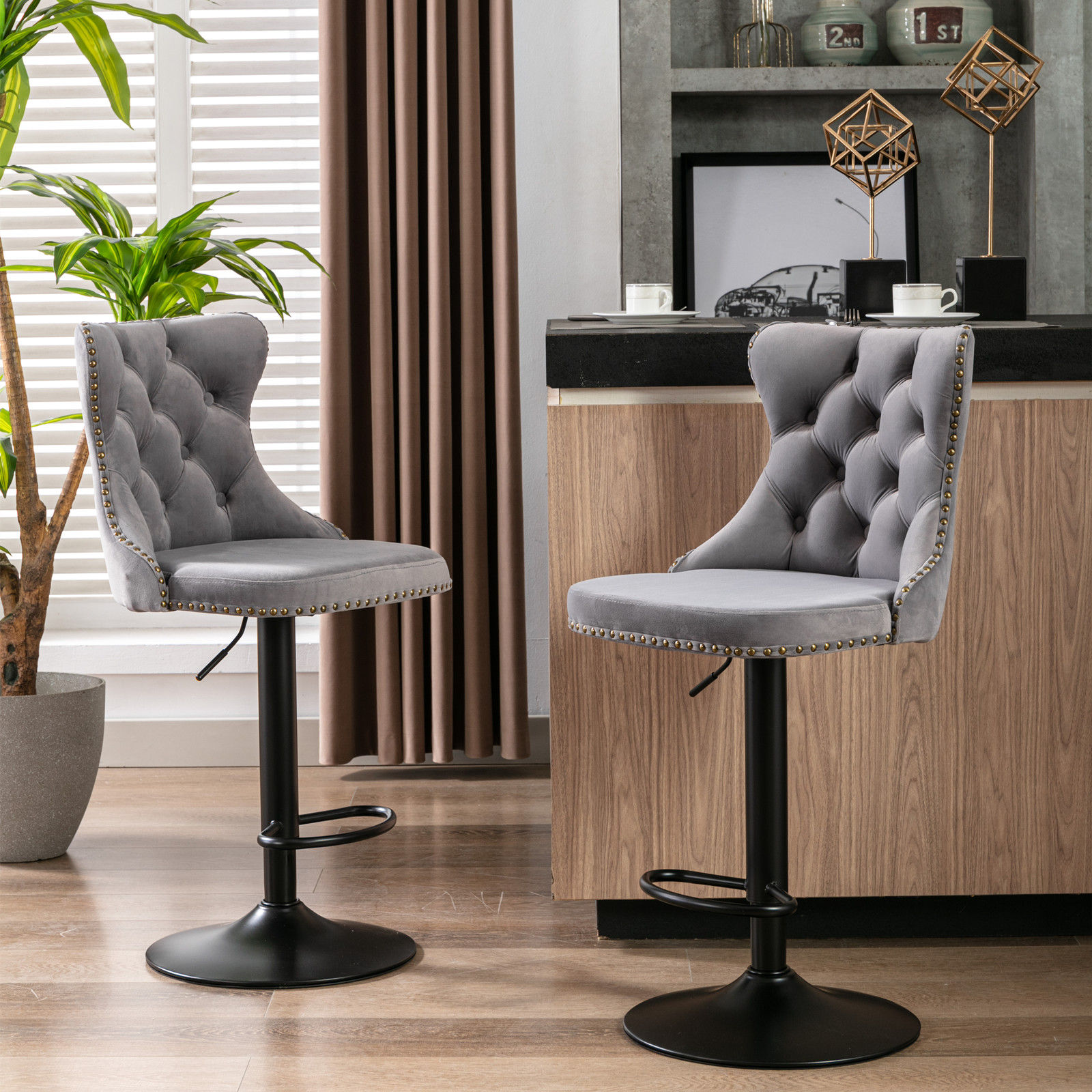 Metal Base Gray&Black Velvet+Foam Bar Stools