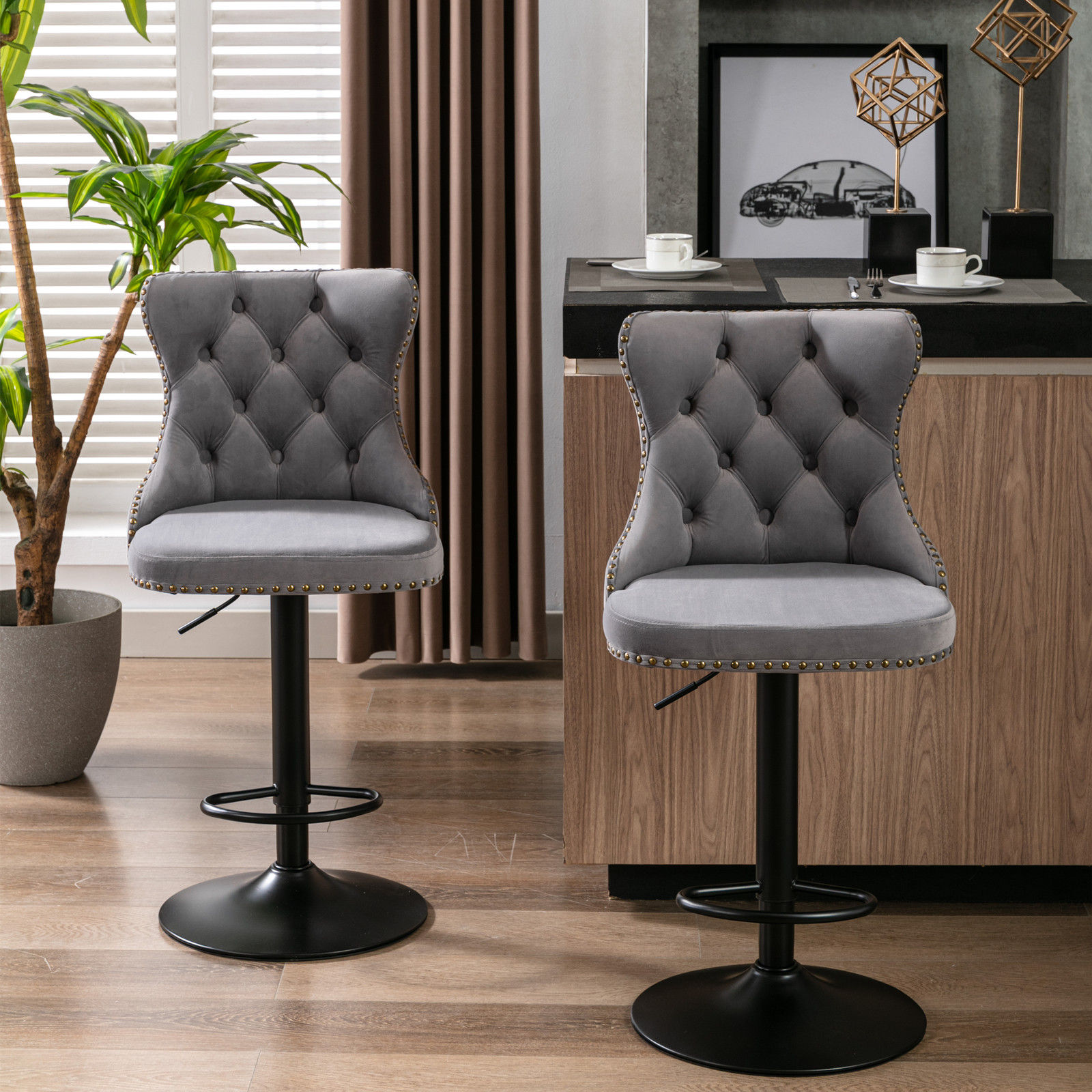 Modern Gray&Black Velvet+Foam Bar Stools