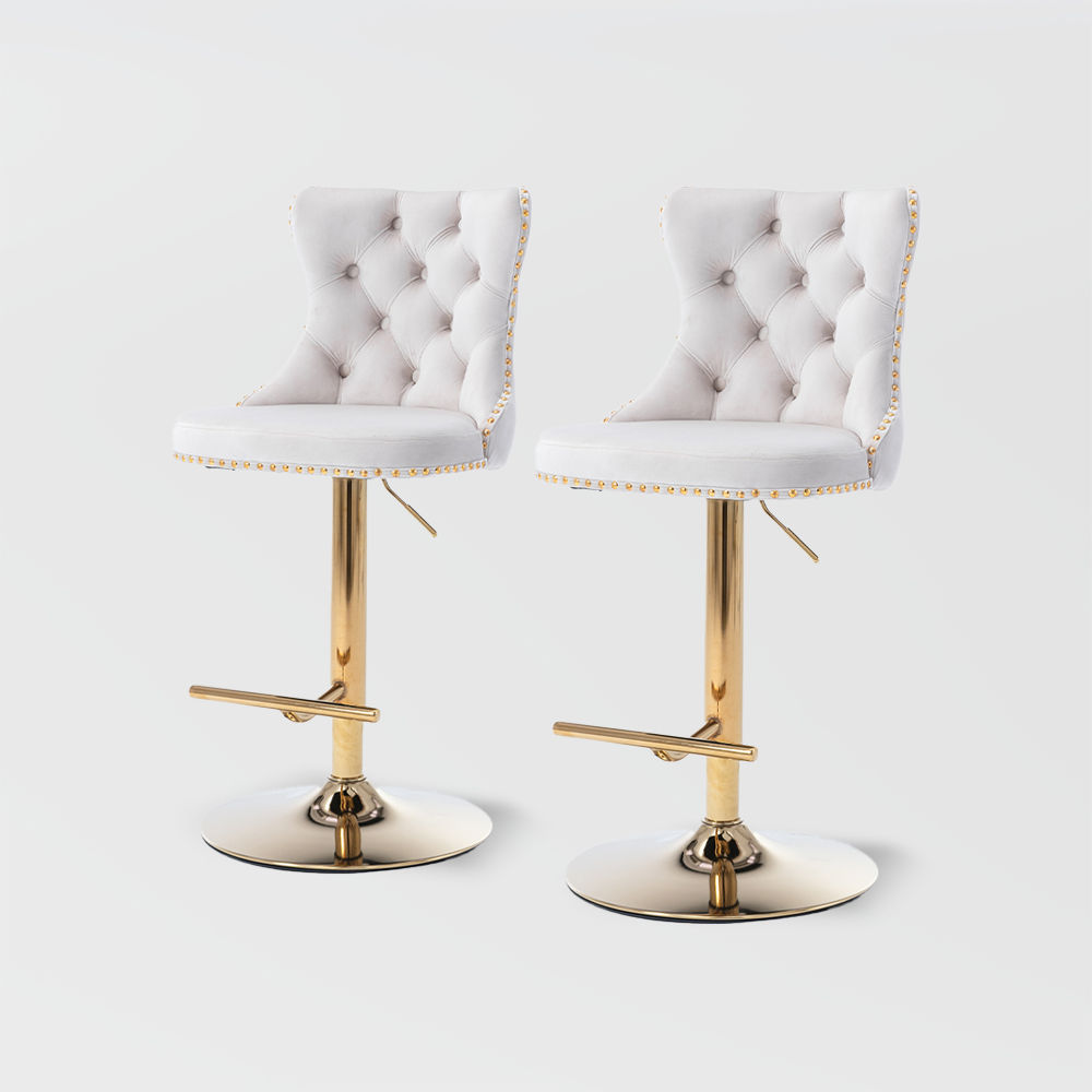 Modern Minimalist White & Gold Velvet+Foam Bar Stools